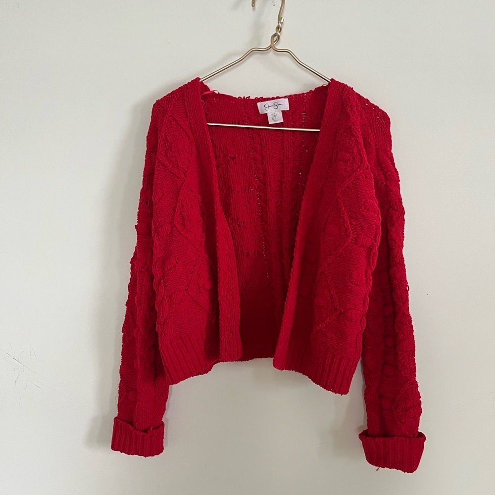 Jessica Simpson romantic Cottagecore Red Cable Knit Cardigan size M